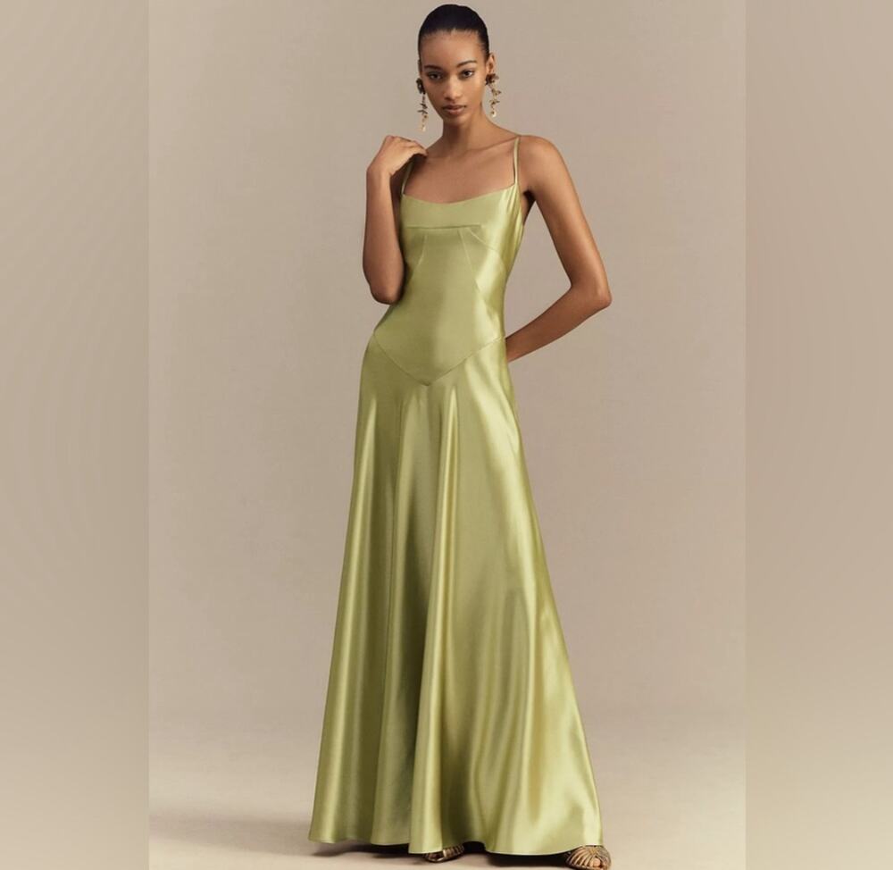 Anthropologie MARE MARE Emmy Satin Corset Lace Up Back Maxi Dress Silky Green